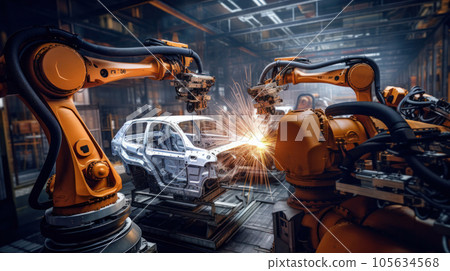 Robotic arm welding car structure in the industrial factory, Realistic Robotic arm welding car structure in the industrial factory, Realistic 105634568