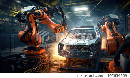 Robotic arm welding car structure in the industrial factory, Realistic Robotic arm welding car structure in the industrial factory, Realistic 105634569