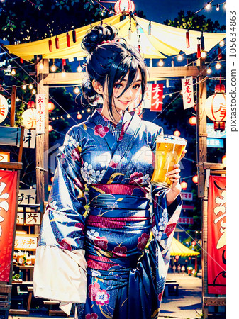 A woman in a kimono walking in the night town 105634863