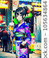 A woman in a yukata walking around the stalls 105634864