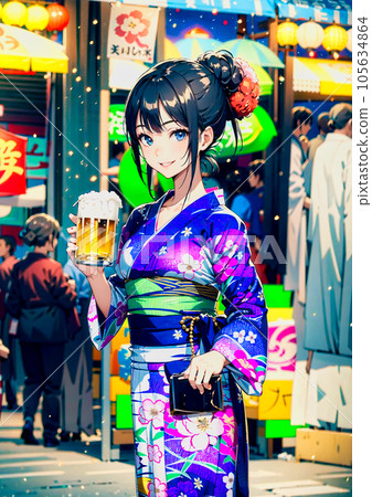 A woman in a yukata walking around the stalls A woman in a yukata walking around the stalls 105634864