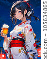 A woman in a yukata drinking beer 105634865