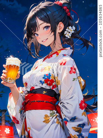 A woman in a yukata drinking beer A woman in a yukata drinking beer 105634865