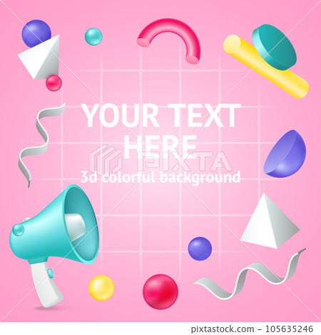 Megaphone frame. Announcement backdrop with geometric figures. Colorful abstract background. Social media advertising poster. 3d isolated loudspeaker and render elements. Vector square banner template 105635246