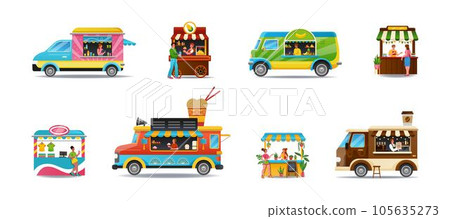 Food truck. Shop kiosk. Vendor at counter selling fruit cocktails and coffee. Merchant in stall on street market with ice or book. Takeaway snacks tent. Wok store cart. Vector tidy illustration set 105635273