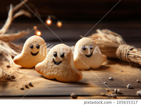 Halloween cookies in the shape of cute and funny ghosts. Holiday baking. High quality photo 105635317