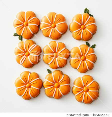Homemade pumpkin-shaped cookies, a Halloween treat. AI. High quality photo 105635332