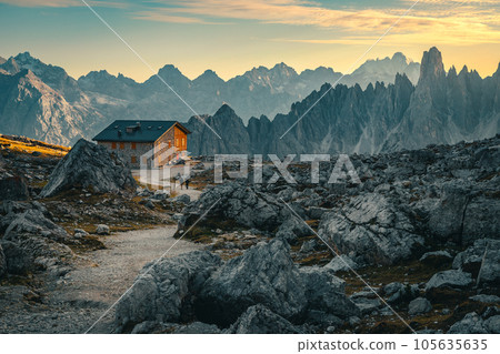 Spectacular high lacy peaks at sunset, Dolomites, Italy 105635635