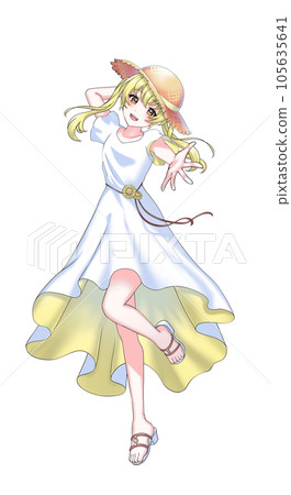 穿著裙子和草帽的黃色雙馬尾女孩 穿著裙子和草帽的黃色雙馬尾女孩 105635641