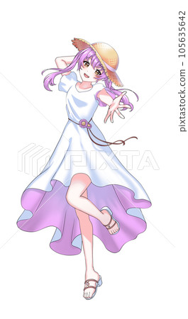 穿著裙子和草帽的紫色雙馬尾女孩 穿著裙子和草帽的紫色雙馬尾女孩 105635642