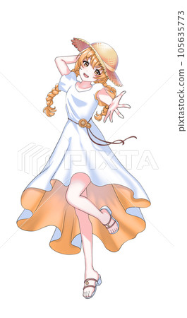 A girl with orange braids wearing a dress and a straw hat A girl with orange braids wearing a dress and a straw hat 105635773