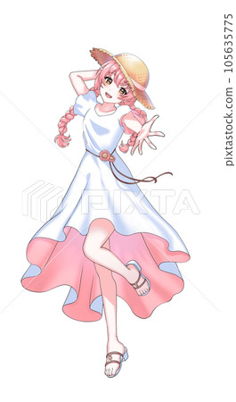 A pink braided girl wearing a dress and a straw hat 105635775