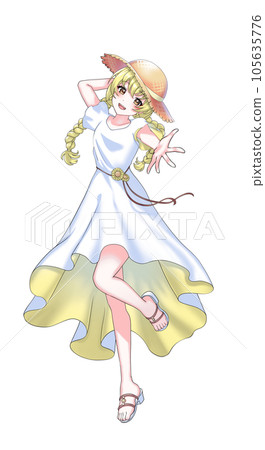 A yellow braided girl wearing a dress and a straw hat 105635776