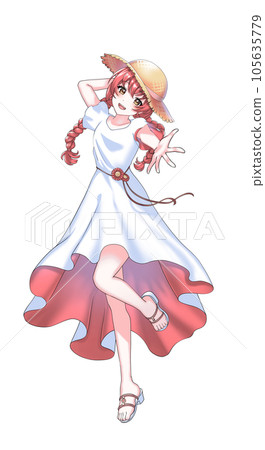 A red braided girl wearing a dress and a straw hat A red braided girl wearing a dress and a straw hat 105635779