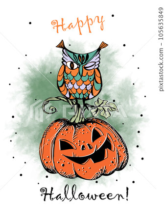 A Halloween greeting card. Owl with pumpkin. Vector A Halloween greeting card. Owl with pumpkin. Vector 105635849