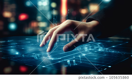 在未來虛擬屏幕上操作的男手 在未來虛擬屏幕上操作的男手 105635860