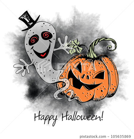 A Halloween greeting card. A ghost with a pumpkin. Vector A Halloween greeting card. A ghost with a pumpkin. Vector 105635869