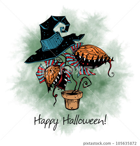 A Halloween greeting card. The predator plant is a flycatcher in a witch 's hat . Vector 105635872