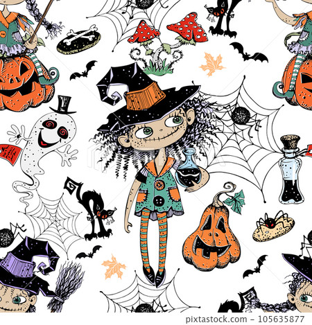 Seamless pattern on Halloween theme with little girls witches pumpkins and various horror elements. Vector 105635877