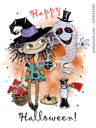 A cute little witch with a potion and a ghost. Halloween. Vector 105635893
