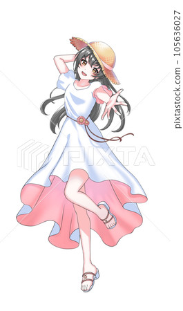 [Natural hair color] Long-haired pink girl wearing a dress and a straw hat 105636027