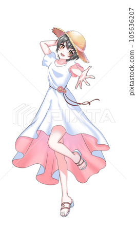 【自然髮色】穿裙子、戴草帽的短髮少女掌管粉色 105636207