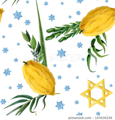 Sukkot watercolor seamless pattern on white background for traditional Jewish holiday with Lulav date palm leaf, Etrog citron fruit, Arava willow, Hadas myrtle plants and stars of David Sukkot watercolor seamless pattern on white background for traditional Jewish holiday with Lulav date palm leaf, Etrog citron fruit, Arava willow, Hadas myrtle plants and stars of David 105636288