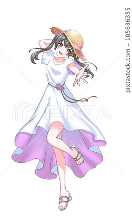[Natural hair color] Purple twintail girl wearing a dress and a straw hat 105636355