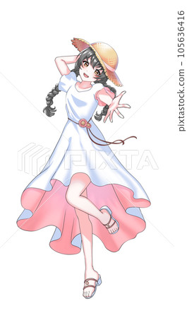 [Natural hair color] A pink braided girl wearing a dress and a straw hat 105636416