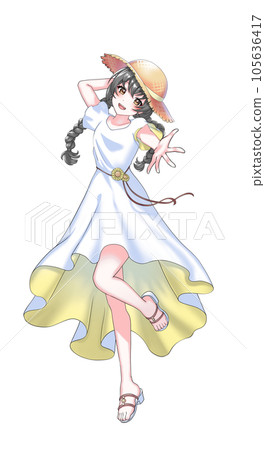[Natural hair color] A yellow braided girl wearing a dress and a straw hat 105636417