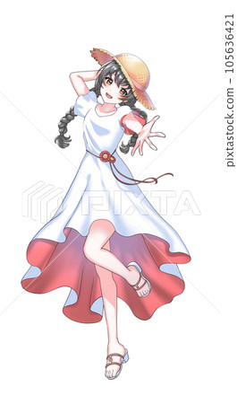 [Natural hair color] Girl with red braids wearing a dress and a straw hat 105636421