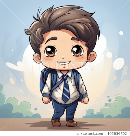 Vector cartoon illustration. Cheerful child in a school suit on nature. Cute happy caucasian boy with backpack outdoors. Vector cartoon illustration. Cheerful child in a school suit on nature. Cute happy caucasian boy with backpack outdoors. 105636702