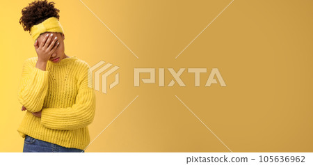 Upset tired african-american female entrepreneur facepalm bow head close eyes palm pressed face embarrassed stupid inappropriate behaviour drunk coworker standing annoyed irritated yellow background Upset tired african-american female entrepreneur facepalm bow head close eyes palm pressed face embarrassed stupid inappropriate behaviour drunk coworker standing annoyed irritated yellow background 105636962