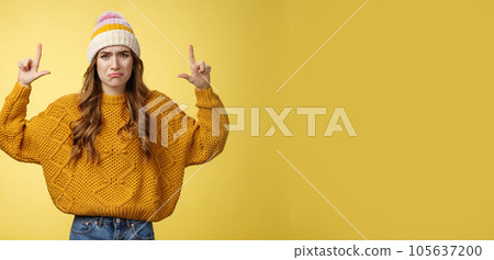 Upset whining complaining displeased cute young immature girl raise hands pointing up crying jealous regret wanna buy cool product have no money, standing sad sobbing yellow background Upset whining complaining displeased cute young immature girl raise hands pointing up crying jealous regret wanna buy cool product have no money, standing sad sobbing yellow background 105637200