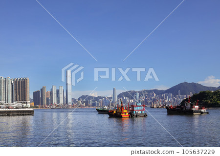 Aug 3 2023 Panoramic Stonecutters Island Vista of Victoria Harbour 105637229
