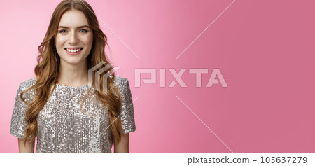 Close-up dreamy good-looking teenage cute girl wish become star smiling broadly happily gazing camera wearing glittering blouse ready rock-n-roll party, standing delighted carefree pink background 105637279