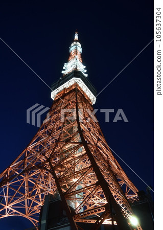 從正下方拍攝的東京塔被夏日色彩照亮 105637304