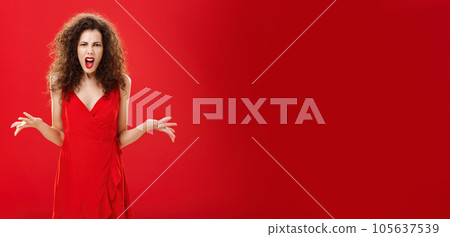 Dissatisfied angry and pissed attractive curly-haired female in stylish red dress arguing and frowning being bothered and in fury while fighting with boyfriend being shocked dinner ruined Dissatisfied angry and pissed attractive curly-haired female in stylish red dress arguing and frowning being bothered and in fury while fighting with boyfriend being shocked dinner ruined 105637539