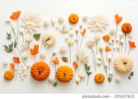 Autumn composition with leaves, pumpkins, flowers, berries flat lay. Generative AI 105637615