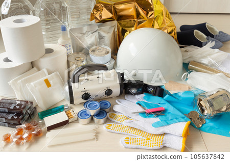 Disaster prevention goods home evacuation stockpiles disaster prevention items disaster 105637842