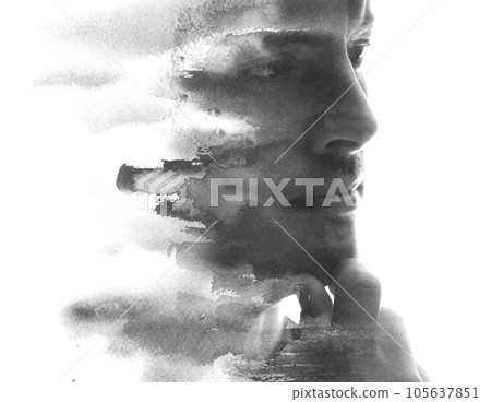 A concept paintography portrait of a man combined with paint stain texture A concept paintography portrait of a man combined with paint stain texture 105637851