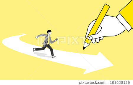 用鉛筆繪製的箭頭和一位女商人跑過它的插圖，矢量圖 105638156