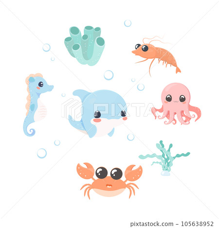 sea creatures clip art set cute vector 105638952