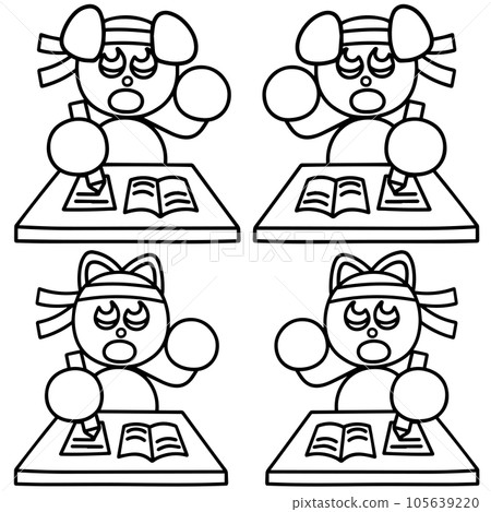 A line drawing set of Wanmaru and Nyanmaru who study hard Dog Cat A line drawing set of Wanmaru and Nyanmaru who study hard Dog Cat 105639220