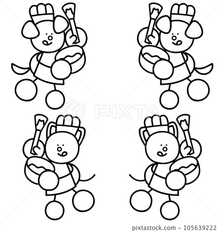 主廚 Wanmaru 和 Nyanmaru 的線描套裝狗貓 105639222
