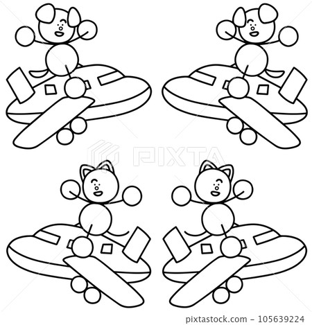 一組 Wanmaru 和 Nyanmaru 乘飛機旅行、一隻狗和一隻貓的線條畫 105639224