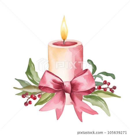 Christmas candle decorated with red bow and mistletoe branches, watercolor clipart 105639271
