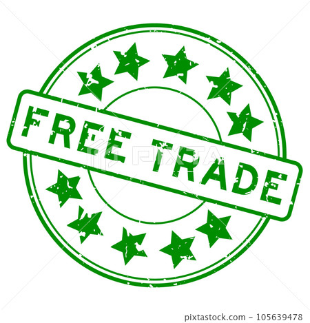 Grunge green free trade word with star icon round rubber seal stamp on white background Grunge green free trade word with star icon round rubber seal stamp on white background 105639478