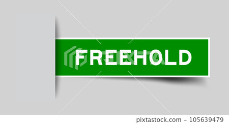 Green color square label sticker with word freehold that inserted in gray background 105639479