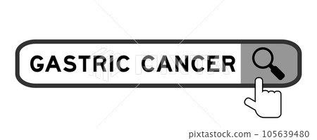 Search banner in word gastric cancer with hand over magnifier icon on white background Search banner in word gastric cancer with hand over magnifier icon on white background 105639480